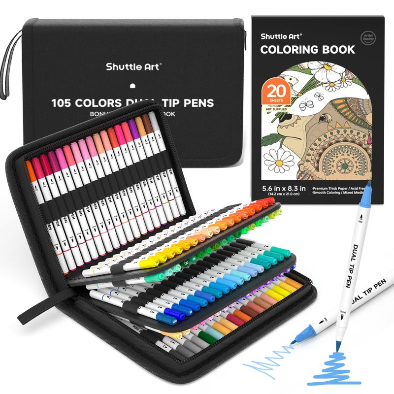 Shuttle Art Dual Tip Brush Marker Pens, 105 Colors Fine and Brush Tip Markers Set in Portable Case with 1 Coloring Book for Kids, Water-based Ink Adult Artist Coloring Calligraphy Journal Doodling - Image 1